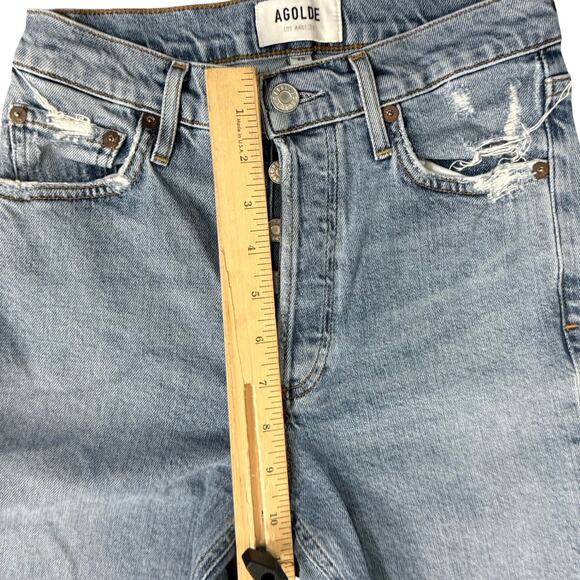 Agolde Nico High Rise Blue Light Wash Chew Hem Distressed Skinny Jeans size 23 - Picture 7 of 11